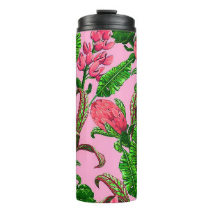 Garrafa Térmica Lindas Folhas Tropicais Verdes com Flores Vermelha