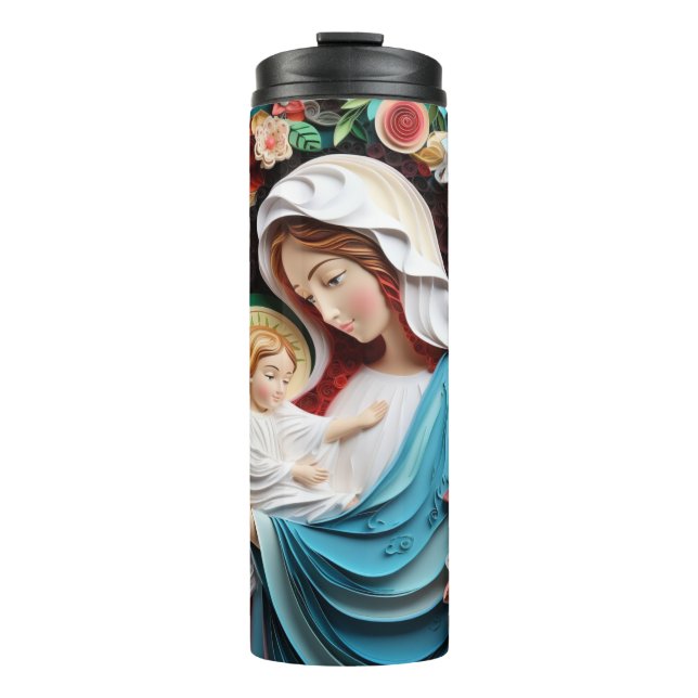 Garrafa Térmica Lindo e Elegante 3D Mãe Mary e Bebê Jesus (Frente)