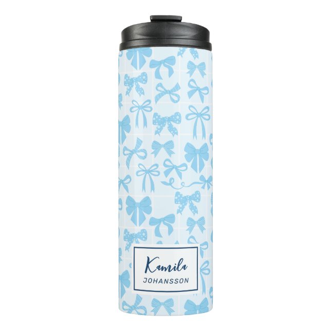 Garrafa Térmica Lindo Laço Azul Macio Feminino com Nome (Frente)