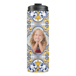 Garrafa Térmica Lindos Azulejos azuis e amarelos, foto personaliza