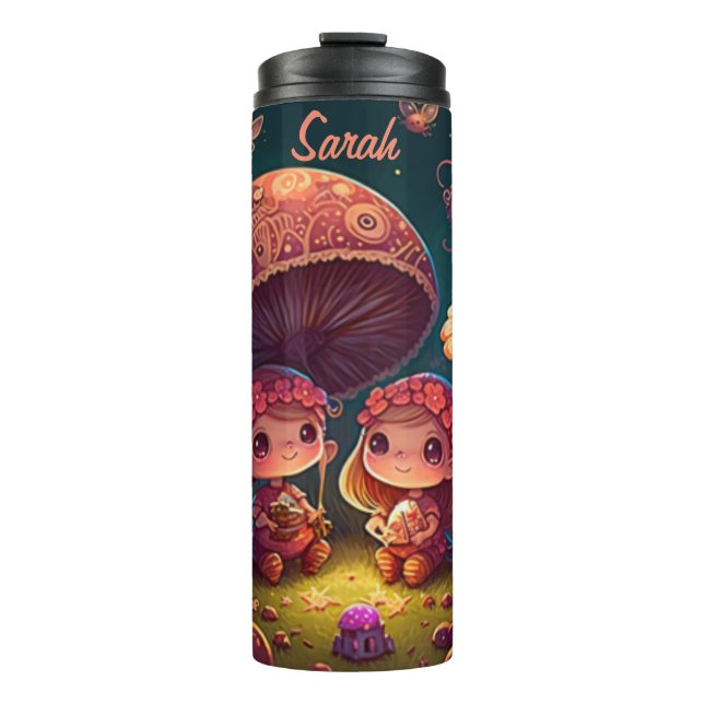 Garrafa Térmica Lindos elfos brincam sob cogumelos (Frente)
