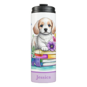 Garrafa Térmica Livros de Cachorrinho Fofo e Flores de Primavera