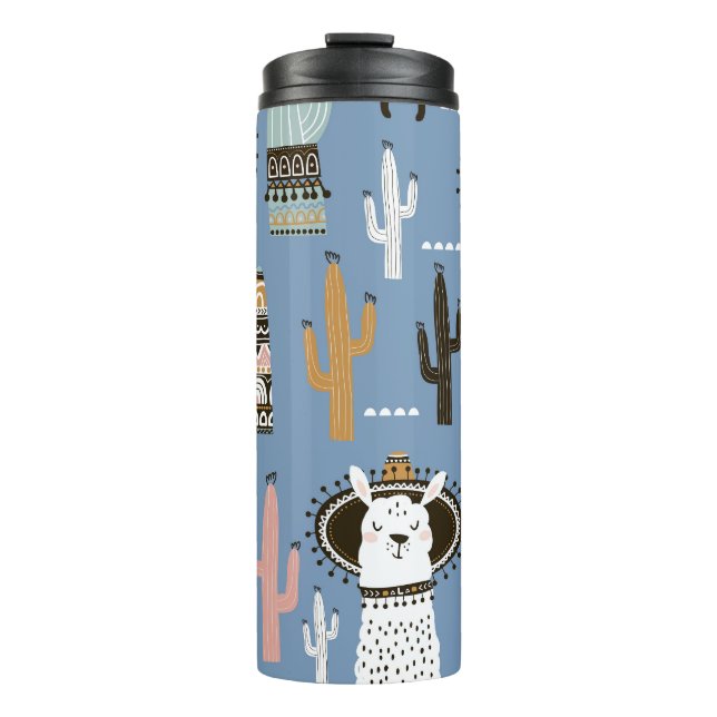 Garrafa Térmica Llama, Cactus, Padrão De Elementos Desenhados À Mã (Frente)