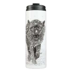 Garrafa Térmica Lobo Negro Zangado na Neve, inverno selvagem