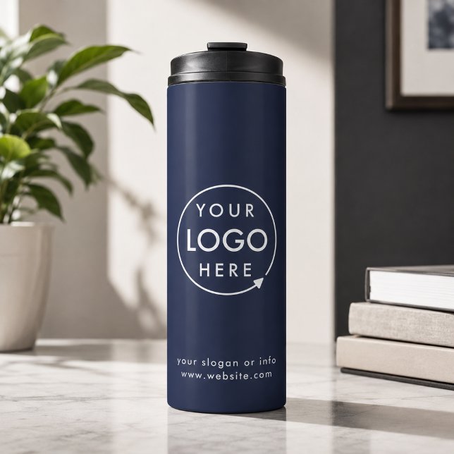 Garrafa Térmica Logotipo | Empresa Corporativa Azul Marinho (Navy blue company branded professional thermal tumblers for small business promotions.)