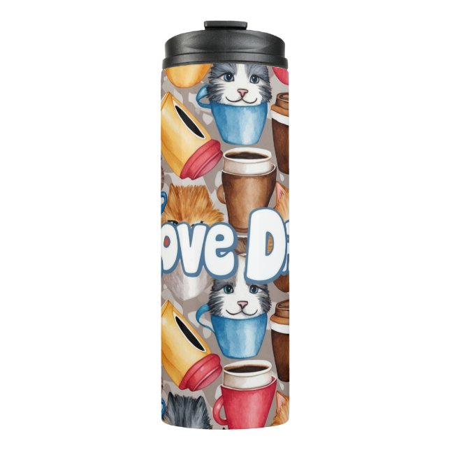 Garrafa Térmica "Love Dad" Playful Cats and Coffee Pattern (Frente)