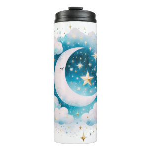 Garrafa Térmica Lua Crescente Azul e Branco Celestial Boho Moderno