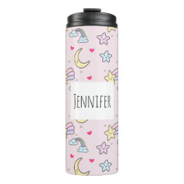 Garrafa Térmica Lua, Estrelas e Nuvens Padrão a Rosa