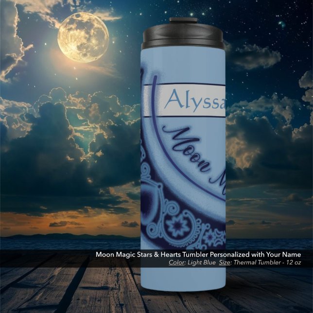 Garrafa Térmica Lua Magia Estrelas Corações Nome Celestial Azul Cl (Moon Magic Stars and Hearts Celestial Light Blue Thermal Tumbler Personalized with Your Name.)