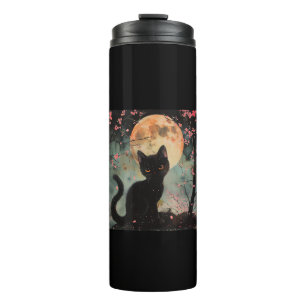 Garrafa Térmica Lua Vermelha Mística com Gato Negro e Sakura