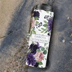 Garrafa Térmica Lush Blossoms   Monograma de padrão roxo e rosa