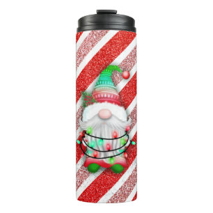 Garrafa Térmica Luzes de Natal Gnomo em Candy Cane Glitter