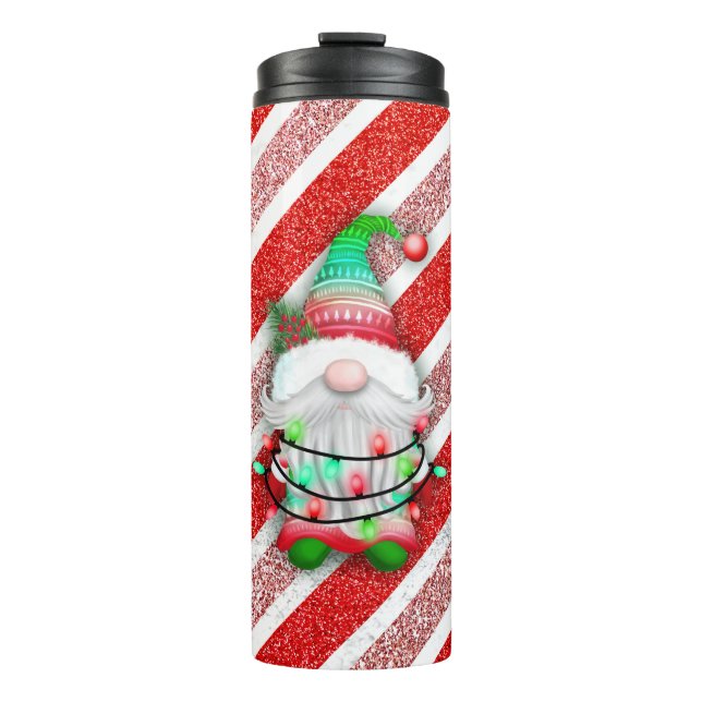 Garrafa Térmica Luzes de Natal Gnomo em Candy Cane Glitter (Frente)