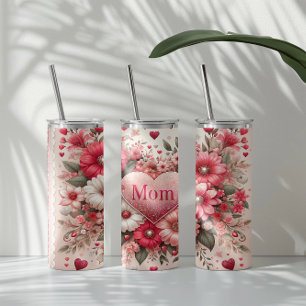 Garrafa Térmica Mãe Elegante no coração cercada por Flores Rosa