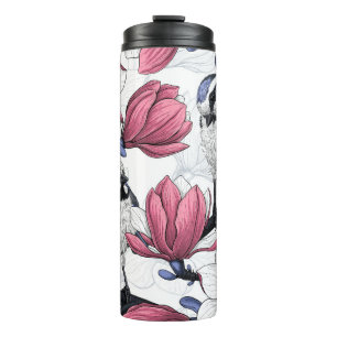Garrafa Térmica Magnólia rosa e pássaros tintos azuis