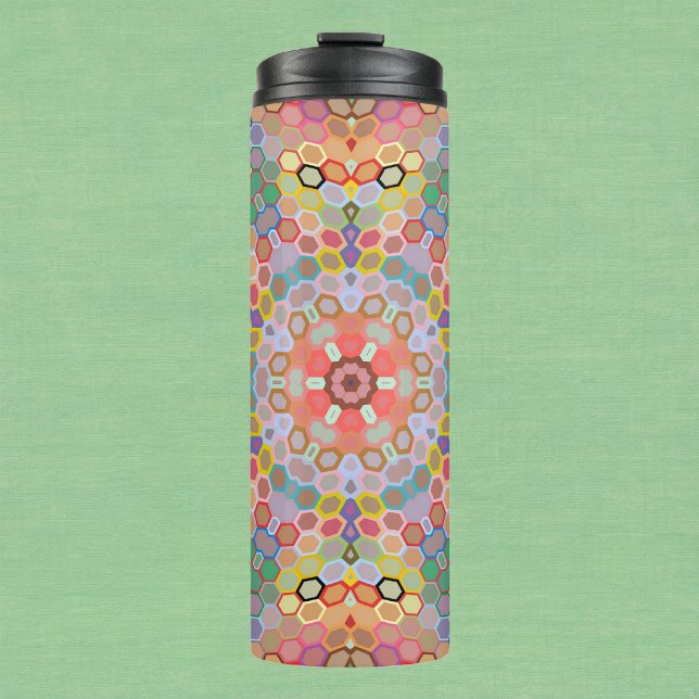 Garrafa Térmica Mandala Arco-Íris Hexagonal (Rainbow Hexagon Mandala Thermal Tumbler by Wormhole Orbital)