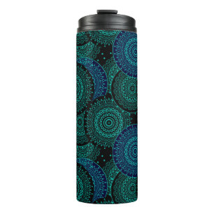 Garrafa Térmica Mandala azul-turquesa, redonda, sobre fundo negro