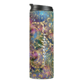 Garrafa Térmica Mandala Dourada Moderna Nebulosa Azul Roxo Nome Pe