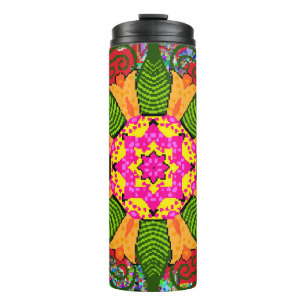 Garrafa Térmica Mandala floral cor redonda, vermelha, verde e