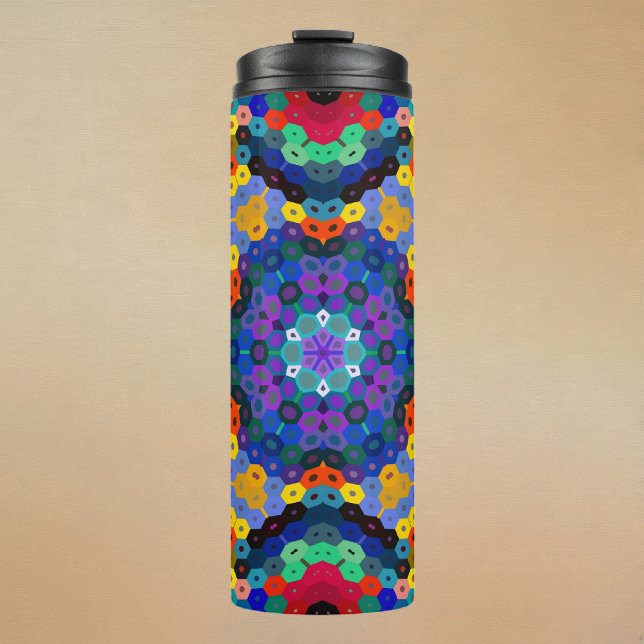 Garrafa Térmica Mandala Hexagonal Azul Amarelo Vermelho e Verde (Blue Yellow Red and Green Hexagon Mandala Thermal Tumbler by Wormhole Orbital)