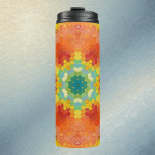 Garrafa Térmica Mandala Hexagonal Laranja Amarelo Vermelho e Azul