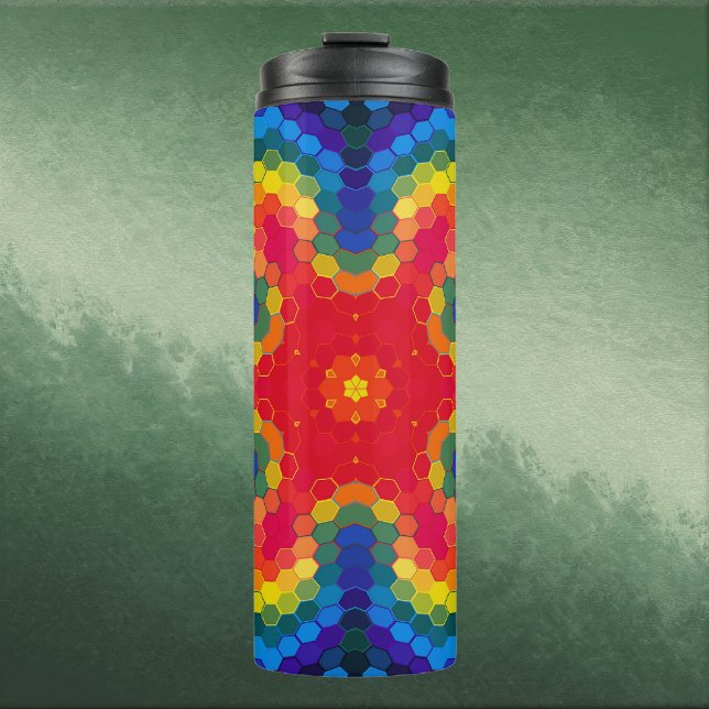 Garrafa Térmica Mandala Hexagonal Vermelho Amarelo e Azul (Red Yellow and Blue Hexagon Mandala  Thermal Tumbler by Wormhole Orbital)