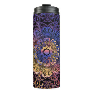 Garrafa Térmica Mandala roxa e amarela: design desenhada à mão