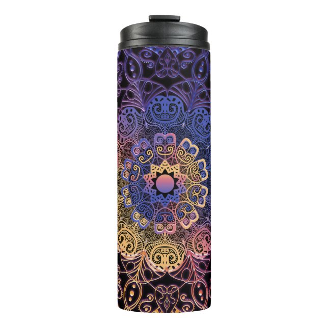 Garrafa Térmica Mandala roxa e amarela: design desenhada à mão (Frente)