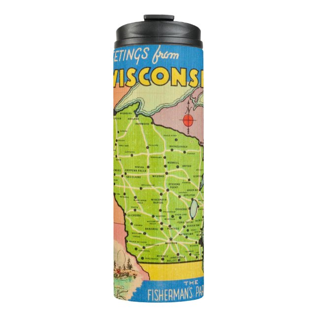 Garrafa Térmica Mapa Antigo do Estado de Wisconsin (Frente)