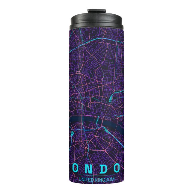 Garrafa Térmica Mapa da Cidade de Londres Inglaterra Design Neon (Frente)