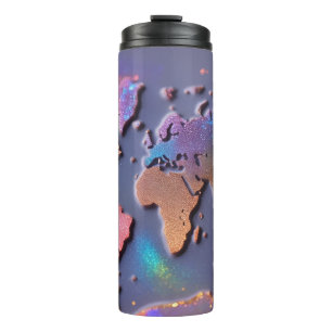 Garrafa Térmica Mapa Mundial Colorido 3D Brilhante com Glitter