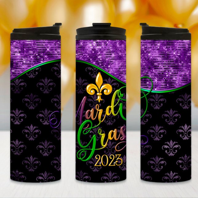 Garrafa Térmica Mardi Gras Tumbler, Mardi Gras 2023 Design Roxo (Criador carregado)