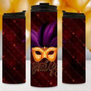 Garrafa Térmica Mardi Gras Tumbler, Máscara de Penas Roxas