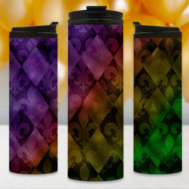 Garrafa Térmica Mardi Gras Tumbler, Rainbow Argyle e Fleur (Criador carregado)