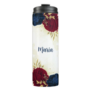 Garrafa Térmica marinho azul e flores vermelhas verde