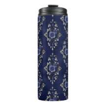 Marinho Azul e Silver Vintage Grunge Floral Damask