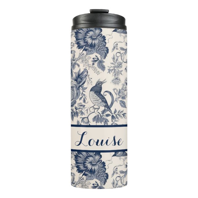 Garrafa Térmica Marinho e Toile Floral Branca Padrão (Frente)