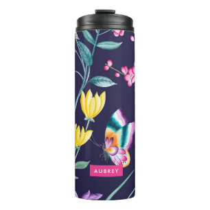 Garrafa Térmica Marinho e Tumbler de Viagem de Flor Rosa