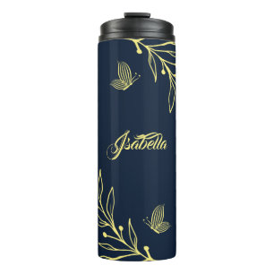 Garrafa Térmica Marinho floral de ouro elegante romântico
