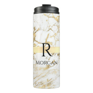 Garrafa Térmica Mármore Branco & Dourado Barra Dourada, DIY Monogr