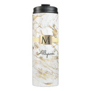 Garrafa Térmica Mármore Branco e Dourado, Caixa Dourada, Nome e Mo