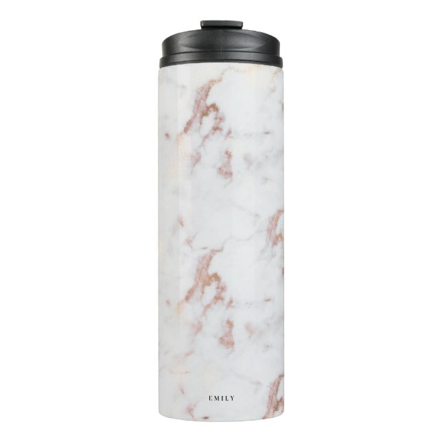 Garrafa Térmica Mármore Branco Faux e personalização Dourada Rosa (Frente)