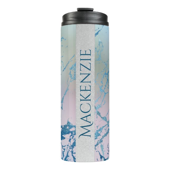Garrafa Térmica Mármore Iridescente | Trendy Faux Holo Blue Pink (Frente)