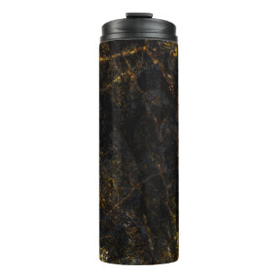 Garrafa Térmica Mármore preto, veias ouros, textura.