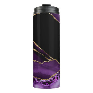 Garrafa Térmica Mármore Preto Violeta Ágata Escuro Glamour Dourado