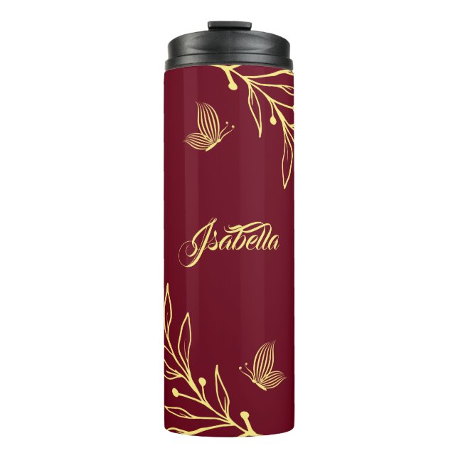Garrafa Térmica Marrom floral de ouro elegante romântico (Frente)