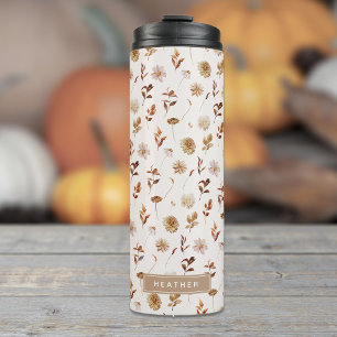 Garrafa Térmica Marrom Taupe Monograma Botânico Aquarela de Outono