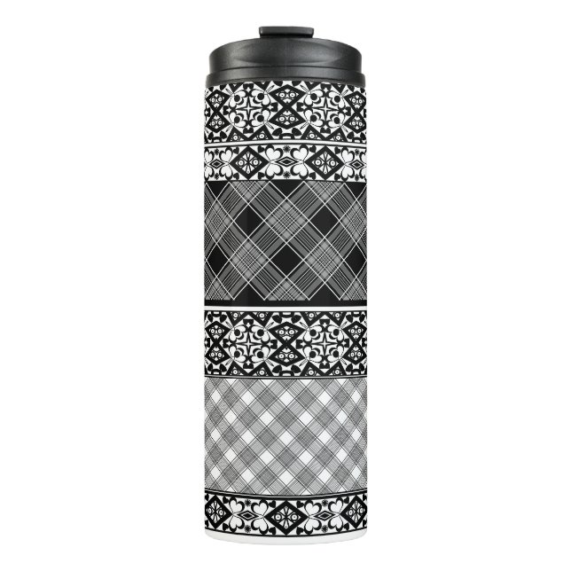 Garrafa Térmica Matilha em tiras, de preto e branco, com rendas (Frente)