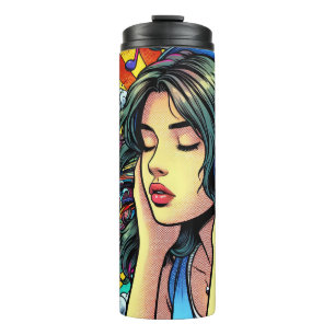 Garrafa Térmica Menina ouvindo música em Fones de ouvido Psicodéli