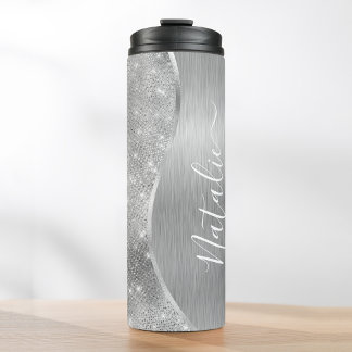 Garrafa Térmica Metálico Personalizado Da Glitter De Prata Glam